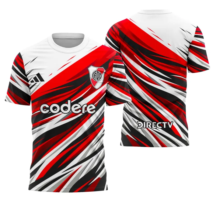 Camiseta unissex branca com logo no peito e estampa grande nas costas da equipe River Plate, perfeita para eventos interclasse e torcedores, estilo moderno e confortável.