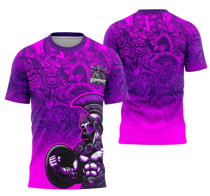 Camiseta unissex preta com logo no peito e estampa grande nas costas da equipe Romano interclasse, perfeita para mostrar equipe e união.