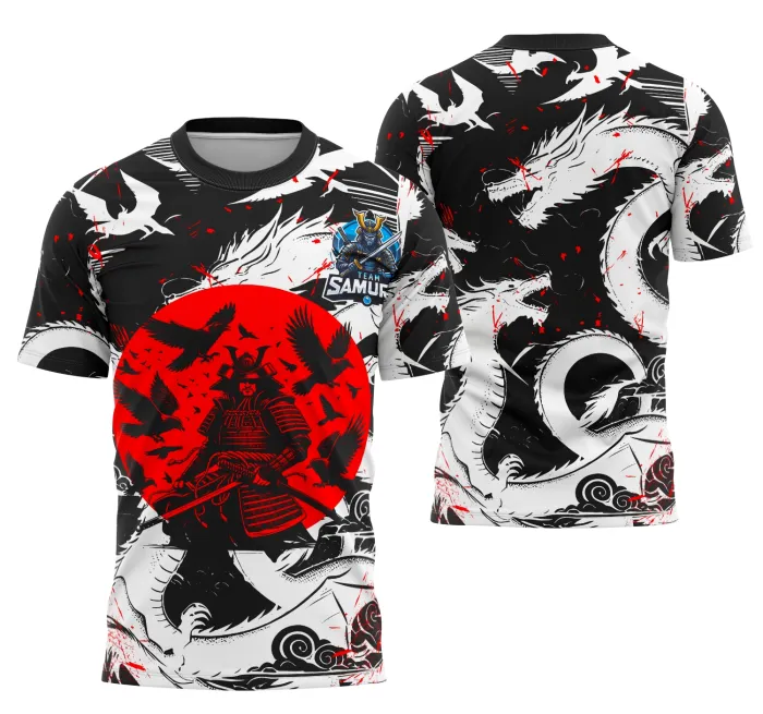 Camiseta unissex preta com logo no peito e estampa grande nas costas da equipe Samurai modelo 2, ideal para eventos interclasse e turmas esportivas
