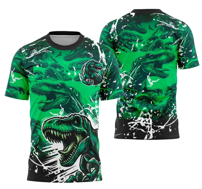 Camiseta preta unissex com logo no peito e estampa grande nas costas mostrando uma equipe T-Rex em ação, perfeita para eventos interclasse.