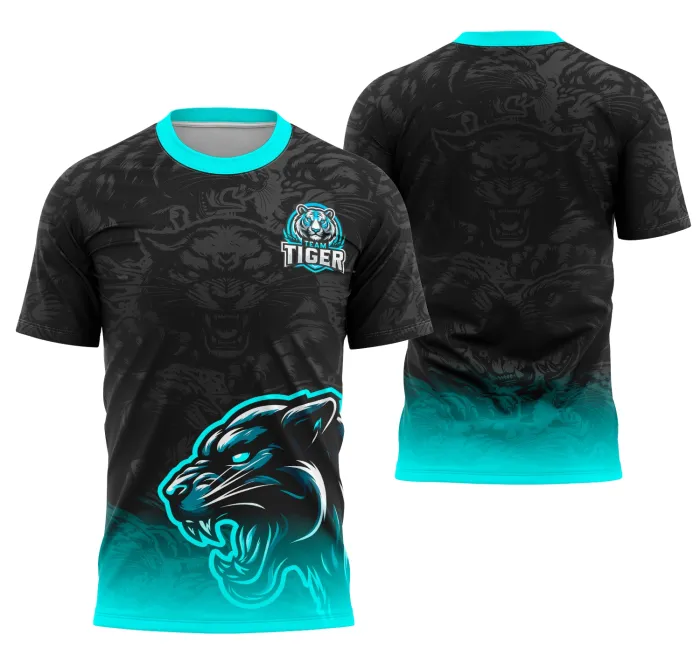 Camiseta unissex preta com logo no peito e estampa grande nas costas, estilo Equipe Tigre Interclasse, perfeita para quem busca estilo e identidade em eventos escolares.