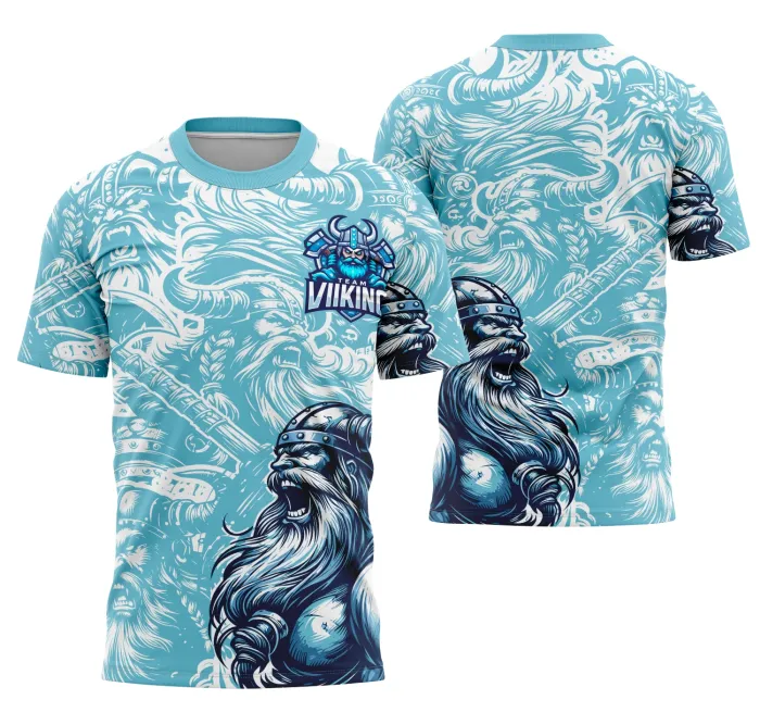 Camiseta unissex preta com logo no peito e estampa grande nas costas com tema Interclasse Equipe Viking, design marcante para fãs e equipes.