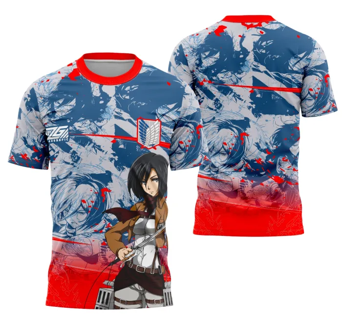Camiseta unissex preta com logo no peito e estampa grande nas costas inspirada na Interclasse Equipemikasa Ackerman, ideal para fãs do tema anime e ação.