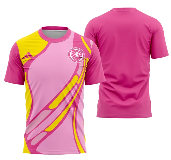 Camiseta preta unissex com logo no peito e estampa grande nas costas da Interclasse Escócia Feminino Fora 2025, ideal para torcida e eventos esportivos.