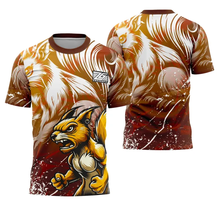 Camiseta unissex preta com logo no peito e estampa grande nas costas do Esquilo Da Equipe, design vibrante e perfeito para eventos interclasse.