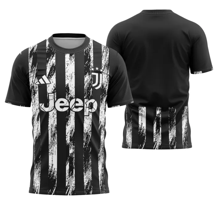 Camiseta unissex preta com logo no peito e estampa grande nas costas com tema Interclasse Fantasia Da Juventus, perfeita para eventos e times, visual moderno e marcante.