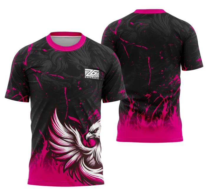 Camiseta unissex preta com logo no peito e estampa grande nas costas, tema Interclasse Fenix, design moderno e vibrante, perfeita para eventos e encontros esportivos.