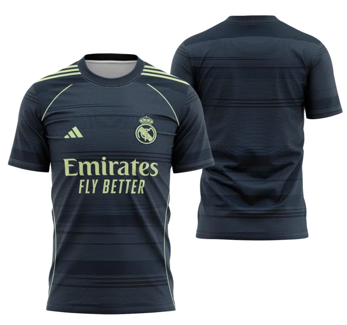 Foto de camisa unissex preta com logo no peito e estampa grande nas costas, estilo Interclasse Fora De Casa do Real Madrid 25-26