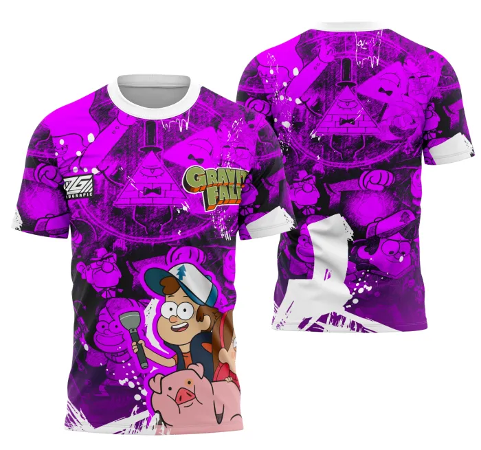 Camiseta unissex preta com logo no peito e estampa grande nas costas com tema Gravity Falls 2025 em estilo moderno para eventos interclasses.