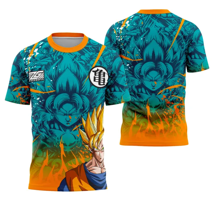 Camiseta unissex preta com logo no peito e estampa grande nas costas com tema Interclasse Goku, ideal para fãs de anime e estilo streetwear.