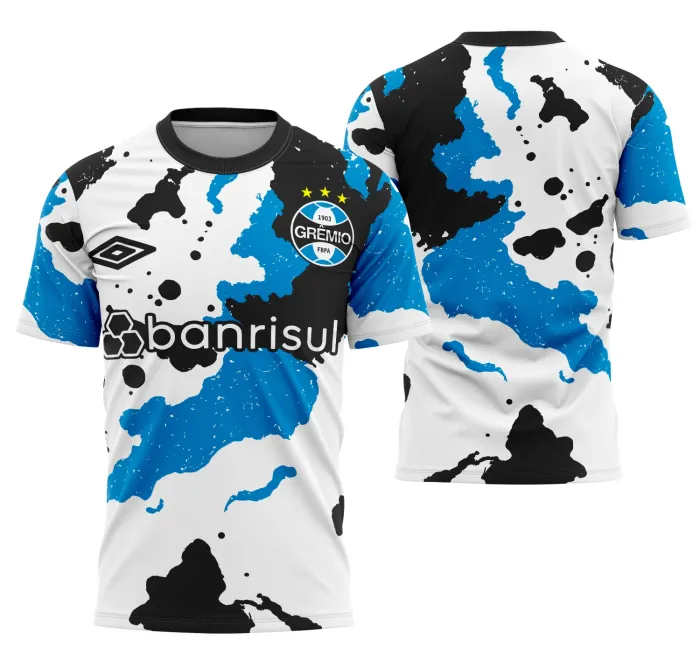 Camiseta unissex preta com logo no peito e estampa grande nas costas com tema Camisa Interclasse Grêmio, estilo moderno e vibrante, perfeita para torcedores e eventos.