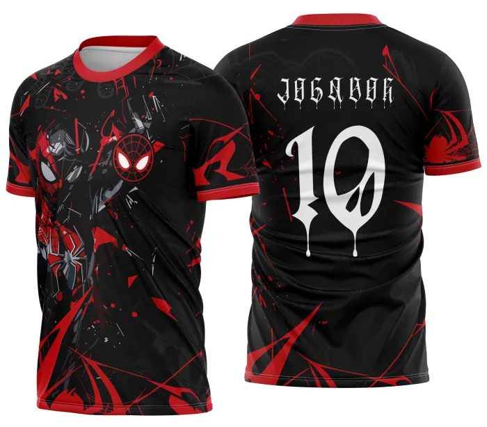 Camiseta preta unissex com logo no peito e estampa grande nas costas com tema Homem Aranha Interclasse, estilo moderno e esportivo.