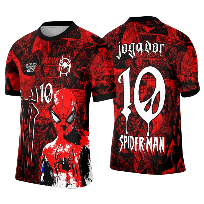 Camiseta unissex preta com logo no peito e estampa grande nas costas do Homem Aranha 2, perfeita para fãs e eventos escolares.