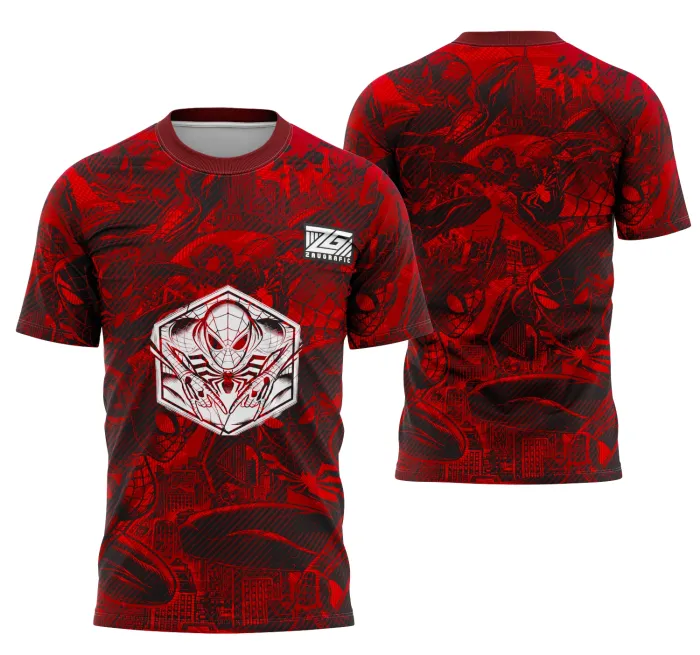 Camiseta unissex preta com logo no peito e estampa grande nas costas do Homem Aranha, perfeita para fãs e eventos escolares.