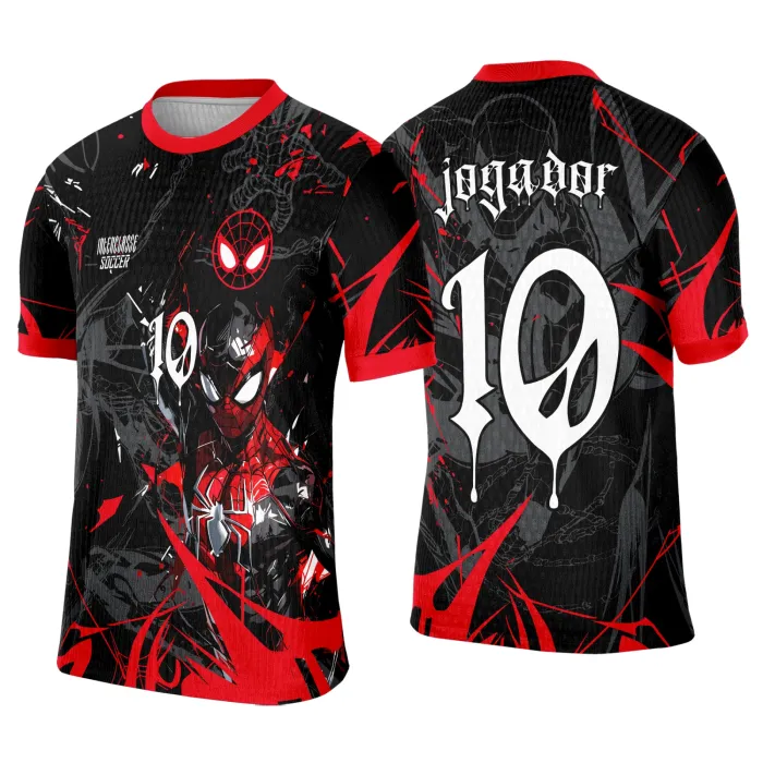 Foto de camiseta preta unissex com logo no peito e estampa grande nas costas do Homem Aranha, ideal para fãs e eventos interclasse.