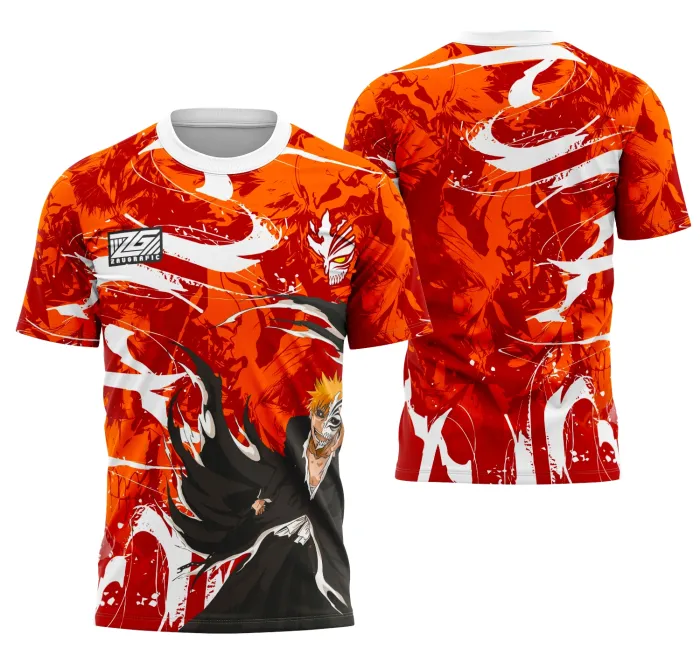 Camiseta unissex preta com logo no peito e estampa grande nas costas do personagem Ichigo Kurosaki, tema Interclasse de anime, perfeita para fãs da série, confortável e estilosa.