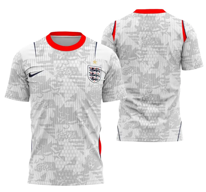 Camiseta unissex branca com logo no peito e estampa grande nas costas do Interclasse Inglaterra Home Kit 2026, design moderno que destaca o tema futebol e tradição.