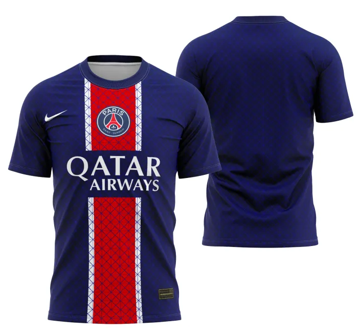 Camiseta unissex preta com logo no peito e estampa grande nas costas do kit doméstico do PSG 25-26 com detalhes vazados, perfeita para fãs do futebol e estilo moderno.