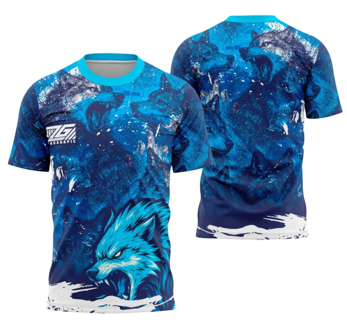 Camiseta unissex preta com logo no peito e estampa grande nas costas mostrando um lobo estilizado, tema Interclasse Lobo 2025, visual moderno e impactante, ideal para fãs da turma e eventos.