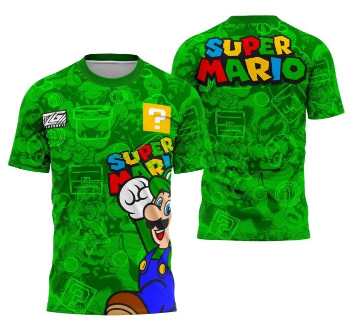 Camiseta unissex preta com logo no peito e estampa grande nas costas inspirada na série Super Mario Bros, destacando Luigi em design vibrante e moderno.