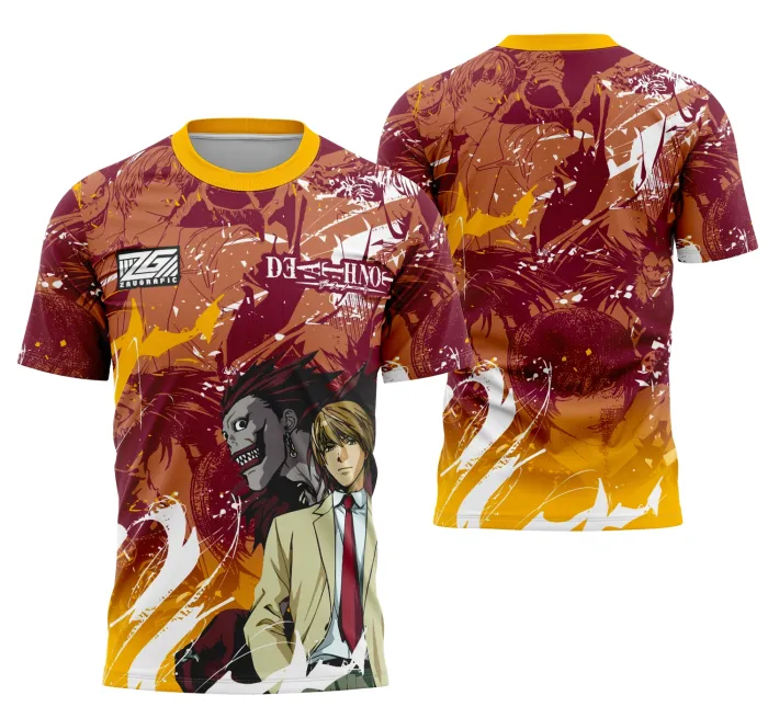 Camiseta unissex preta com logo no peito e estampa grande nas costas inspirada no personagem Luz Yagami da Interclasse, perfeita para fãs em eventos e uso casual.