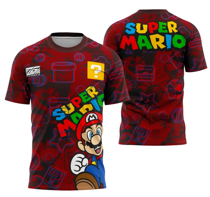 Camiseta unissex preta com logo no peito e estampa grande nas costas da Série Super Mario Bros, tema Interclasse Mário, perfeita para fãs em eventos e uso casual.