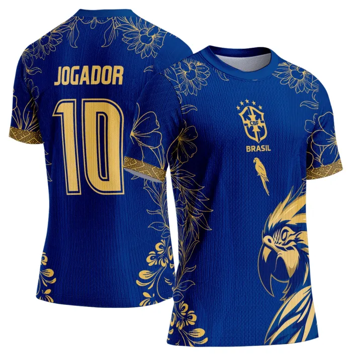 Camiseta unissex branca com logo no peito e estampa grande nas costas mostrando uma Arara Azul vibrante em destaque, modelo Interclasse 864, design moderno e cores vivas.