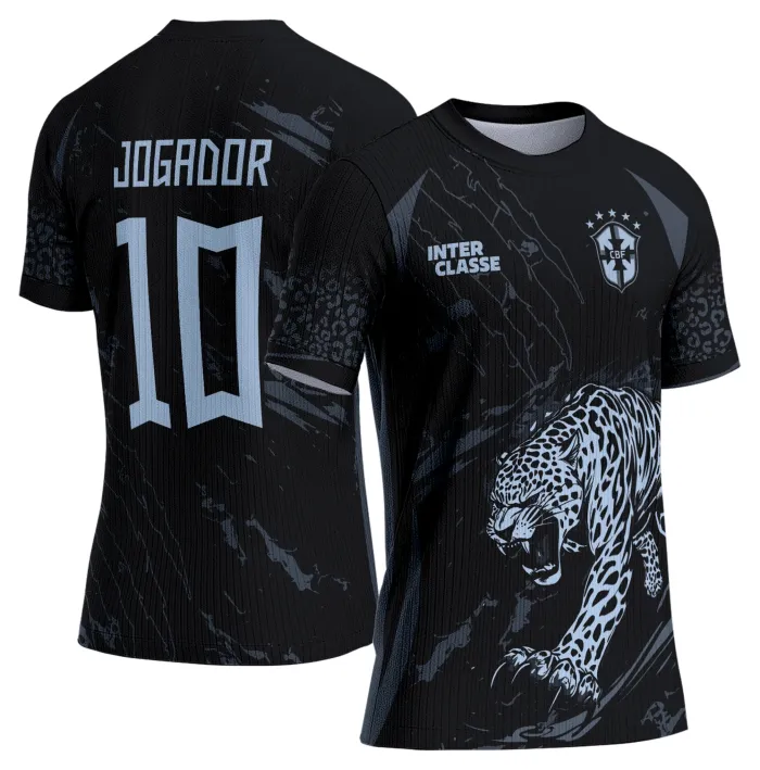 Camiseta unissex preta com logo no peito e estampa grande nas costas com desenho de onça, ideal para camisa interclasse estilo esportivo e casual.