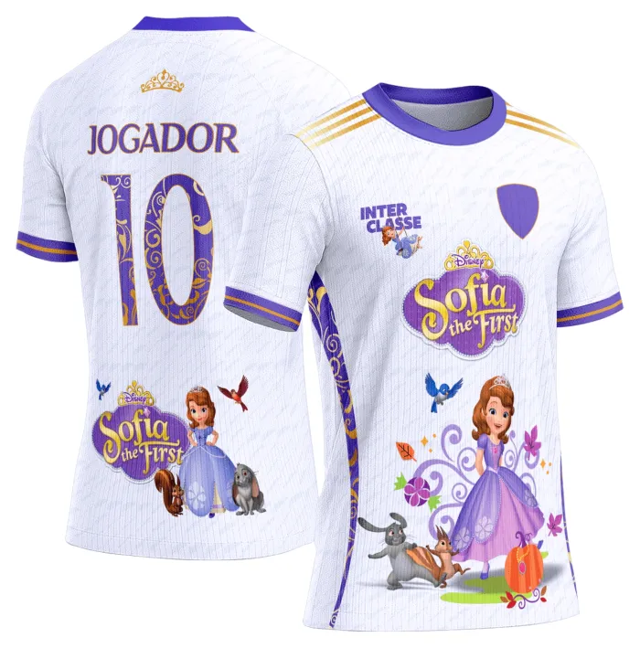 Camiseta unissex branca com logo no peito e estampa grande nas costas do tema Sofia The First, design inspirado no Interclasse Modelo 872, perfeita para fãs da personagem.