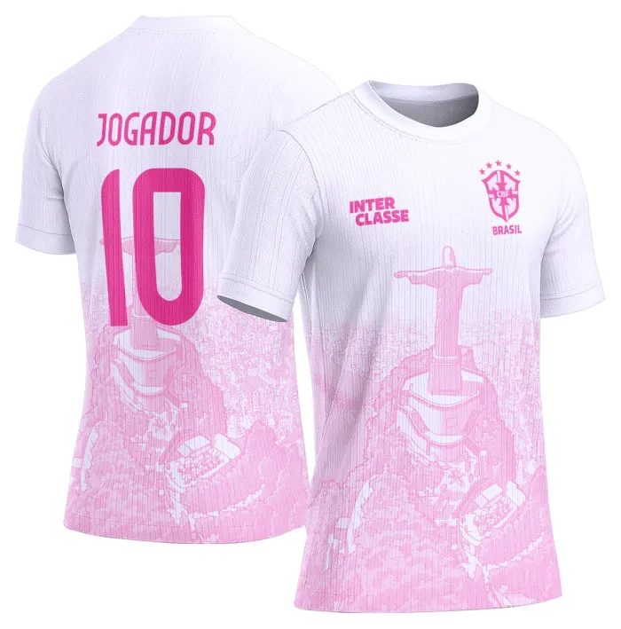 Camiseta unissex preta com logo no peito e estampa grande nas costas do Cristo Redentor, ideal para eventos e times interclasses em estilo moderno e marcante.
