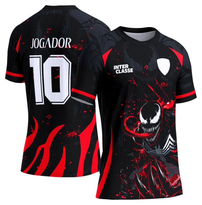 Camiseta unissex preta com logo no peito e estampa grande nas costas do modelo 875 Venom, design marcante e estilo moderno para eventos e turmas.