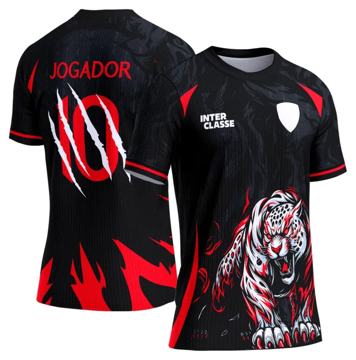 Camiseta unissex preta com logo no peito e estampa grande nas costas com tema de onça, estilo interclasse Modelo 878, ideal para eventos e uso casual.