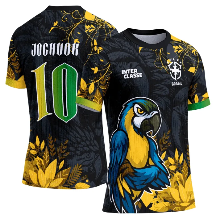 Camiseta unissex preta com logo no peito e estampa grande nas costas com tema Arara, perfeita para Interclasse e eventos escolares.