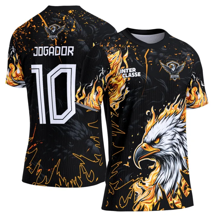 Camiseta preta unissex com logo no peito e estampa grande nas costas mostrando águia estilizada, ideal para eventos interclasse, com design marcante e visual moderno.