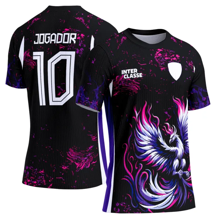 Camiseta unissex preta com logo no peito e estampa grande nas costas do Interclasse Modelo 899 Fenix, ideal para times escolares e eventos esportivos.