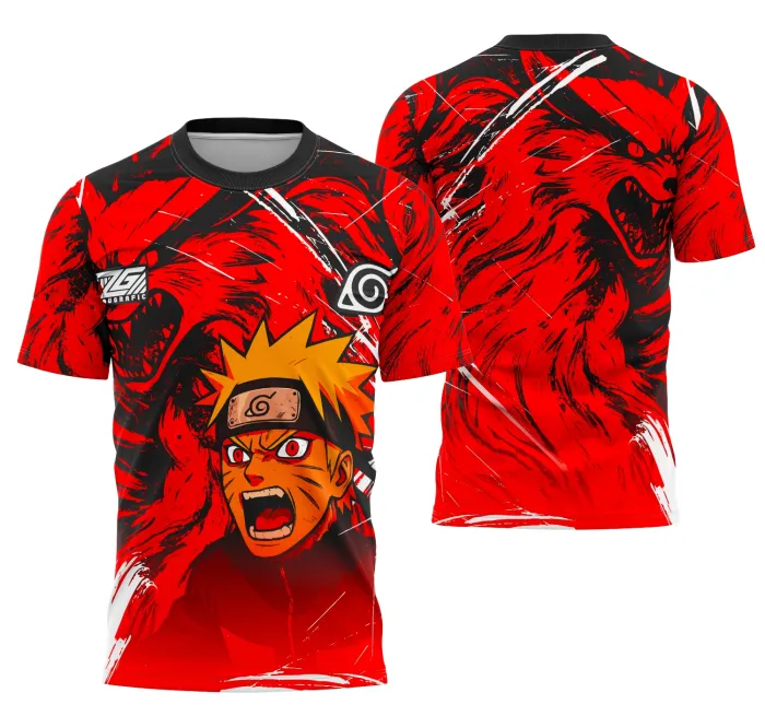 Camiseta unissex preta com logo no peito e estampa grande nas costas com tema Interclasse Naruto, design vibrante perfeito para fãs do anime, visual moderno e confortável.