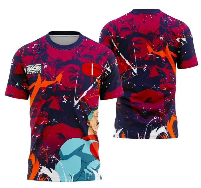 Camiseta unissex preta com logo no peito e estampa grande nas costas com tema Interclasse Omni-Homem, design marcante e moderno para uso casual e eventos escolares.