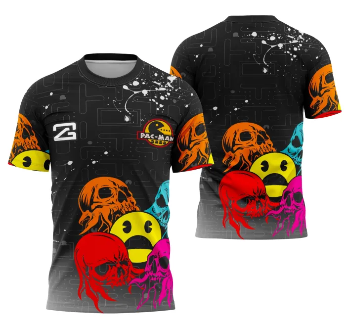 Camiseta unissex preta com logo no peito e estampa grande nas costas com tema Interclasse Pac-Man, perfeita para eventos e confraternizações escolares.