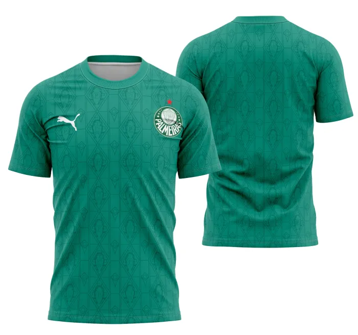 Camiseta unissex com base preta, logo no peito e estampa grande nas costas, tema Interclasse Palmeiras 2025, design moderno e esportivo.