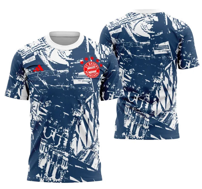 Camiseta unissex preta com logo do Bayern de Munique no peito e estampa grande nas costas destacando o tema Interclasse Pré-Jogo 2023-2024, perfeita para fãs do time com estilo moderno e esportivo.