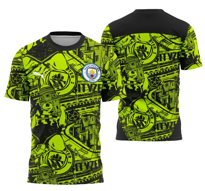 Camiseta unissex preta com logo no peito e estampa grande nas costas do tema Interclasse Pré-Jogo Do Manchester City, perfeita para torcedores que buscam estilo e conforto.