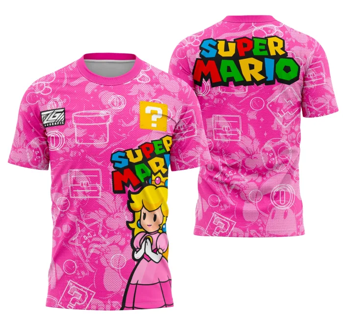Camiseta unissex preta com logo no peito e estampa grande nas costas da Princesa Peach inspirada na Série Super Mario Bros.