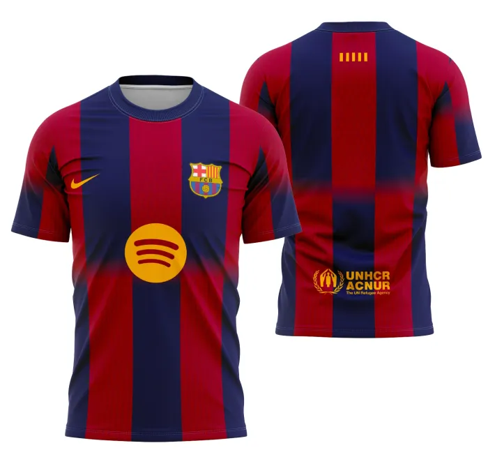 Foto de camisa preta unissex com logo no peito e estampa grande nas costas mostrando o design do Interclasse Principal do Barcelona 25-26, perfeita para fãs e personalização em eventos.