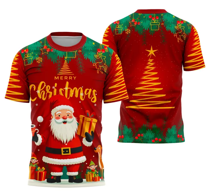 Camiseta unissex preta com logo no peito e estampa grande nas costas apresentando o tema Interclasse Projeto De Natal 7, ideal para eventos natalinos e confraternizações.