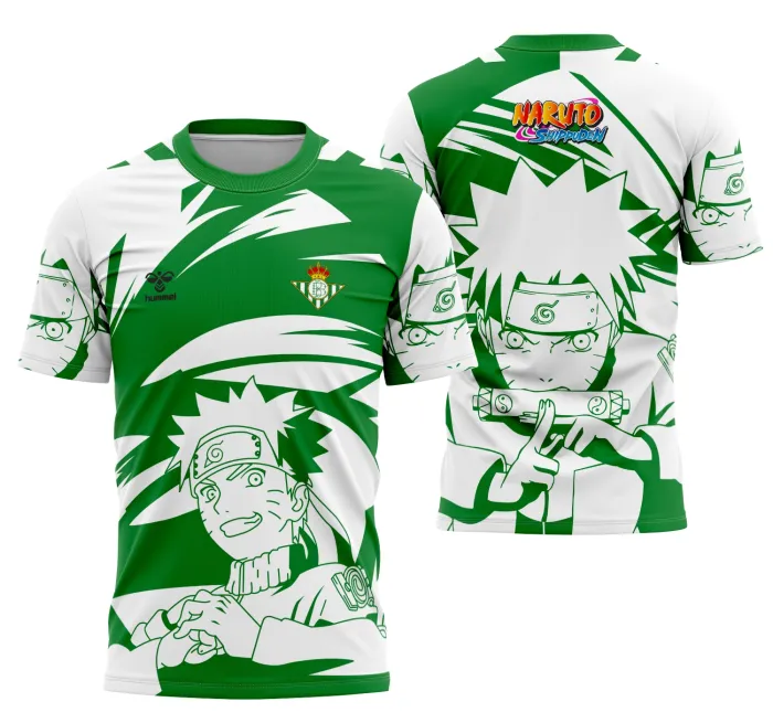 Camiseta unissex preta com logo no peito e estampa grande nas costas com tema Interclasse Real Betis 2025 Naruto, ideal para fãs e colecionadores.