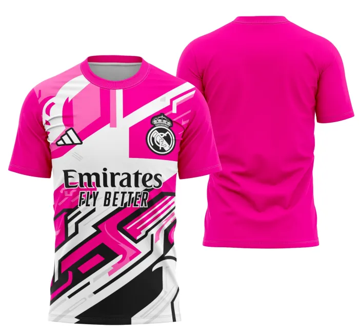 Camiseta unissex branca com logo no peito e estampa grande nas costas inspirada na Interclasse Real Madrid, perfeita para torcer e mostrar estilo com conforto.