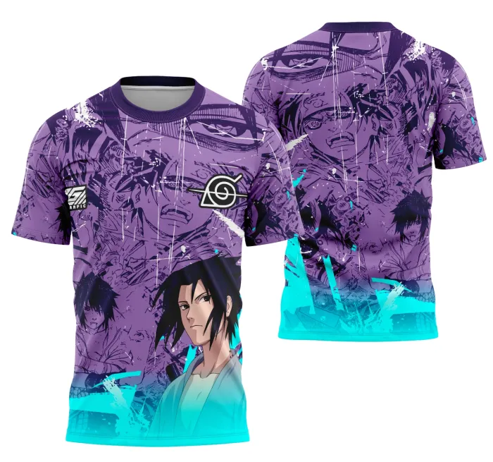 Camiseta unissex preta com logo no peito e estampa grande nas costas inspirada em Sasuke, ideal para fãs do personagem e eventos interclasse.