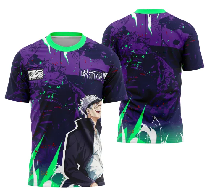 Camiseta unissex preta com logo no peito e estampa grande nas costas inspirada em Satoru Gojo, ideal para fãs e eventos interclasses.