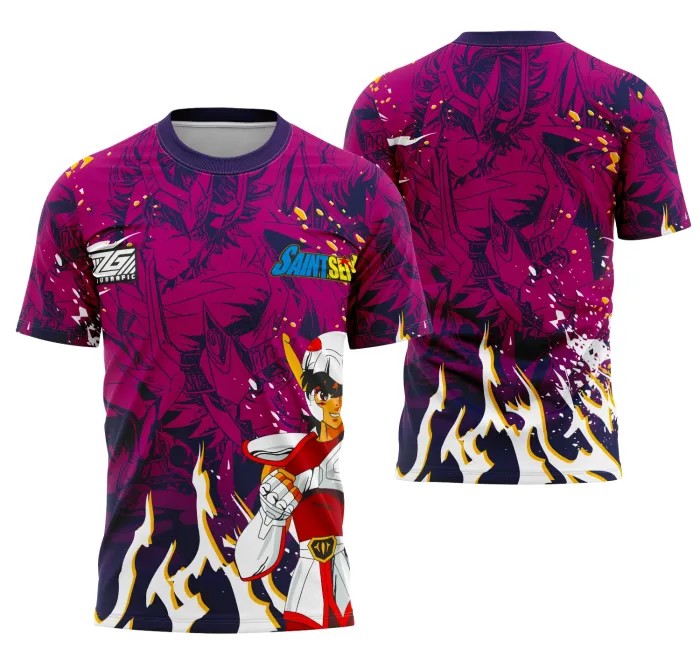 Camiseta unissex preta com logo no peito e estampa grande nas costas do Interclasse Seiya Pégaso, perfeita para fãs do anime em estilo moderno