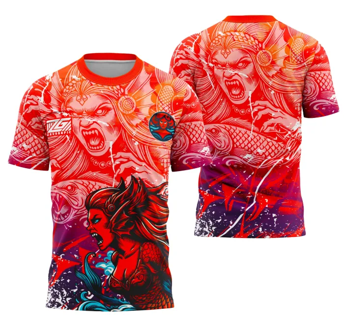 Camiseta unissex preta com logo no peito e estampa grande nas costas com tema sereia interclasse, ideal para eventos escolares e grupos.